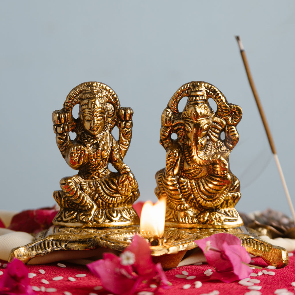 Brass Laxmi Ganesh Idol Diya | Antique Finish