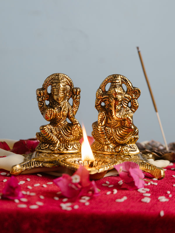 Brass Laxmi Ganesh Idol Diya | Antique Finish