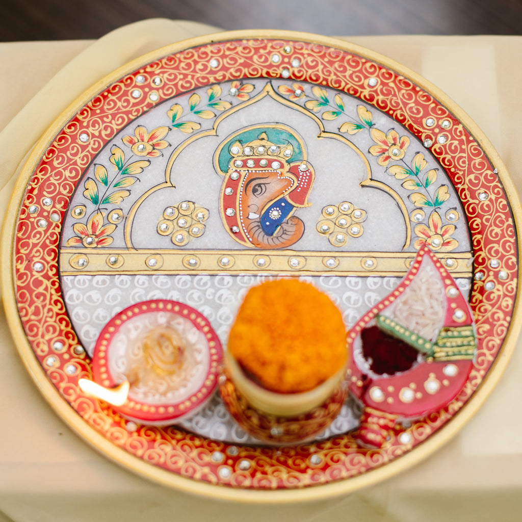 Marble Pooja Thali | Meenakari & Ganesha Design