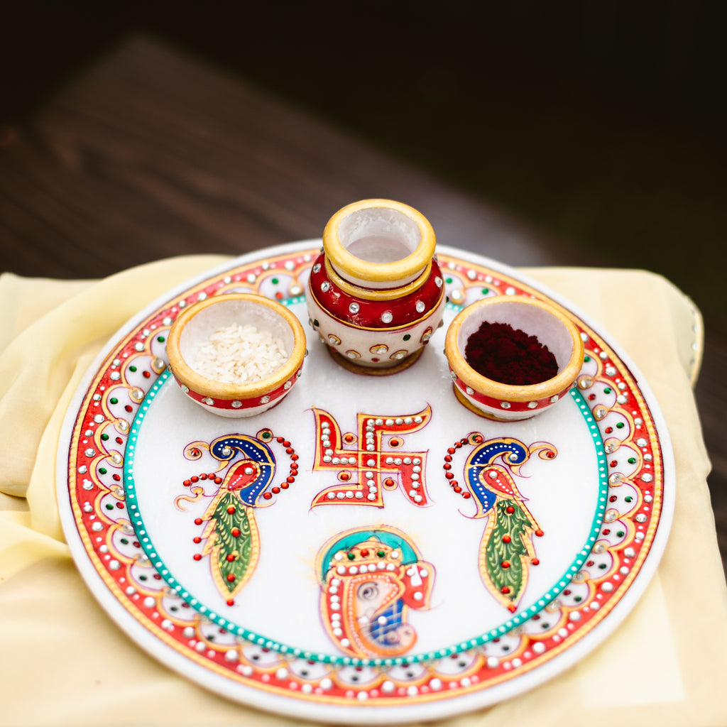 Marble Pooja Thali | Meenakari & Peacock Design