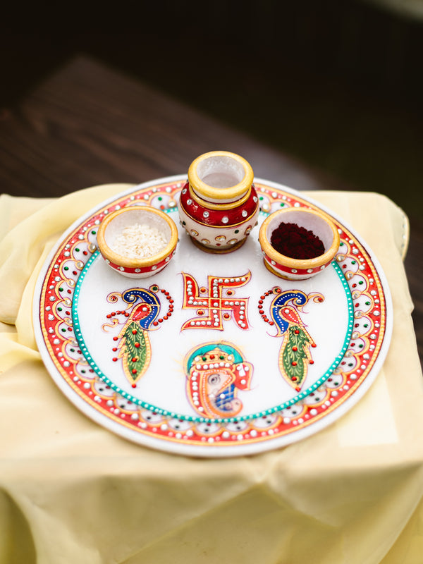 Marble Pooja Thali | Meenakari & Peacock Design