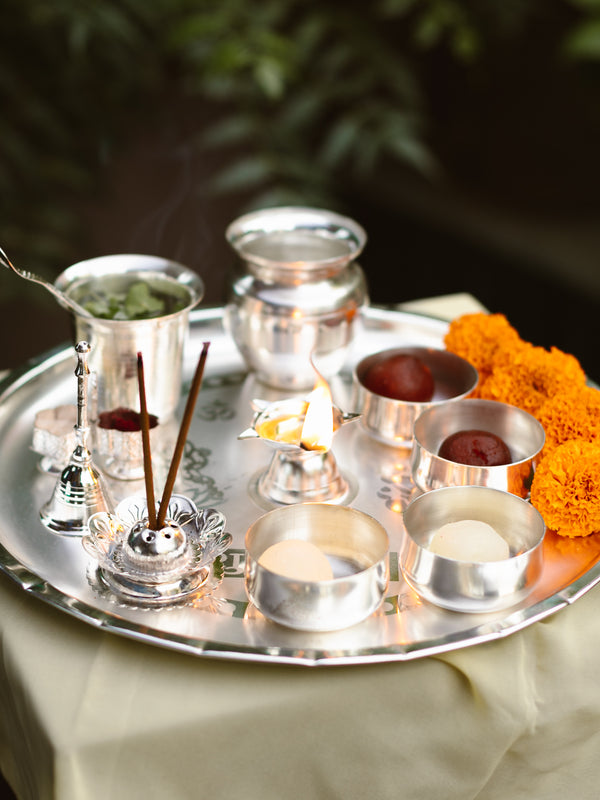 Brass Pooja Thali | Silver Finish | Set of 12