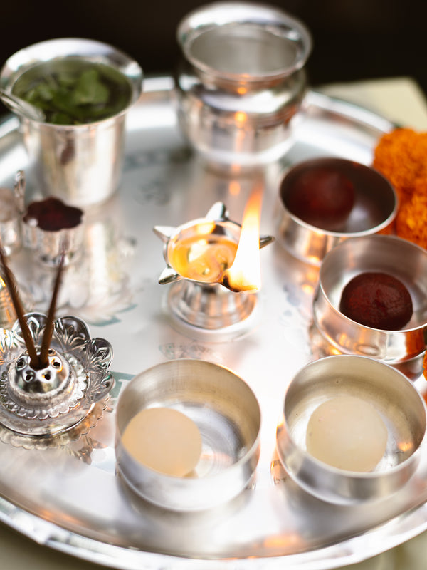 Brass Pooja Thali | Silver Finish | Set of 12