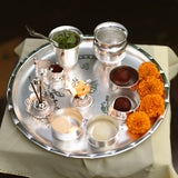 Brass Pooja Thali | Silver Finish | Set of 12