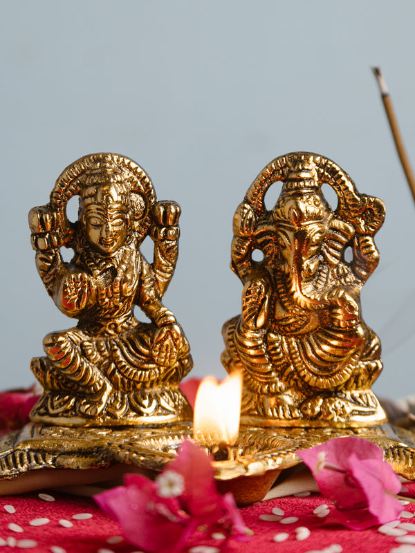 Brass Laxmi Ganesh Idol Diya | Antique Finish
