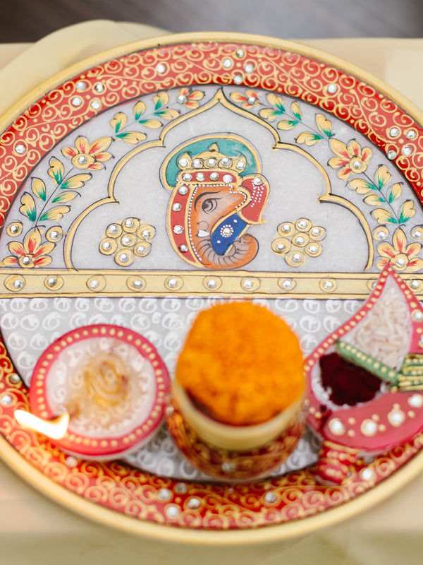 Marble Pooja Thali | Meenakari & Ganesha Design