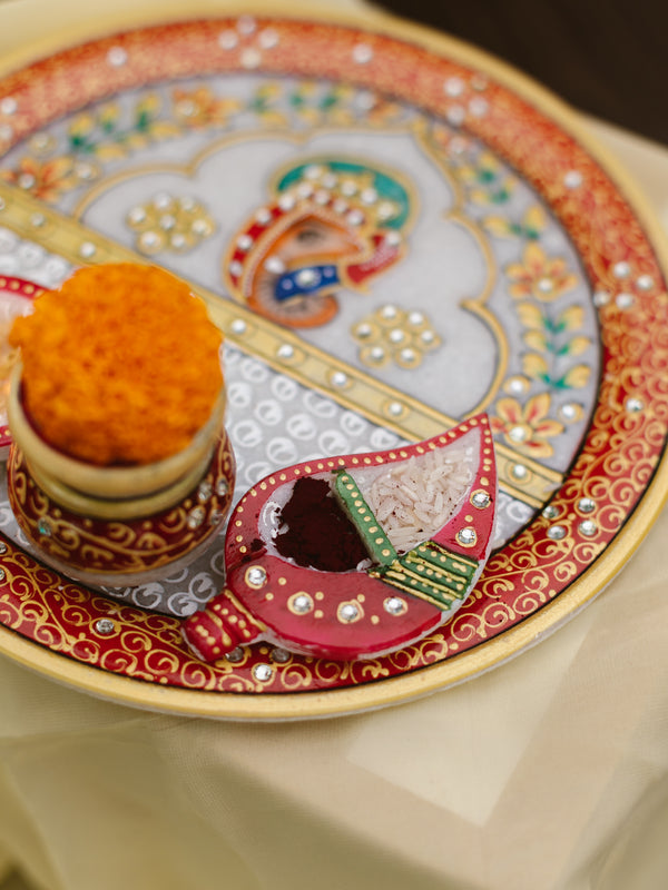 Marble Pooja Thali | Meenakari & Ganesha Design