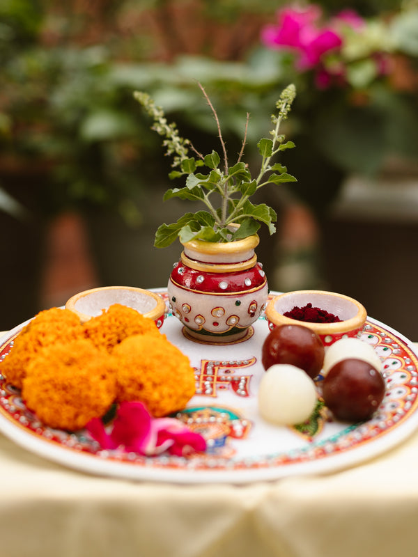 Marble Pooja Thali | Meenakari & Peacock Design