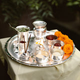 Brass Pooja Thali | Silver Finish | Set of 12